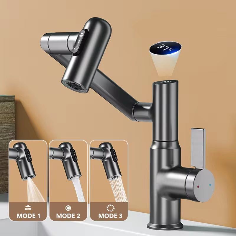 Digital Display LED Basin Faucet with 360-Degree Rotation, Multi-Function Stream Sprayer, Hot and Cold Water Sink Mixer for Bathroom Use